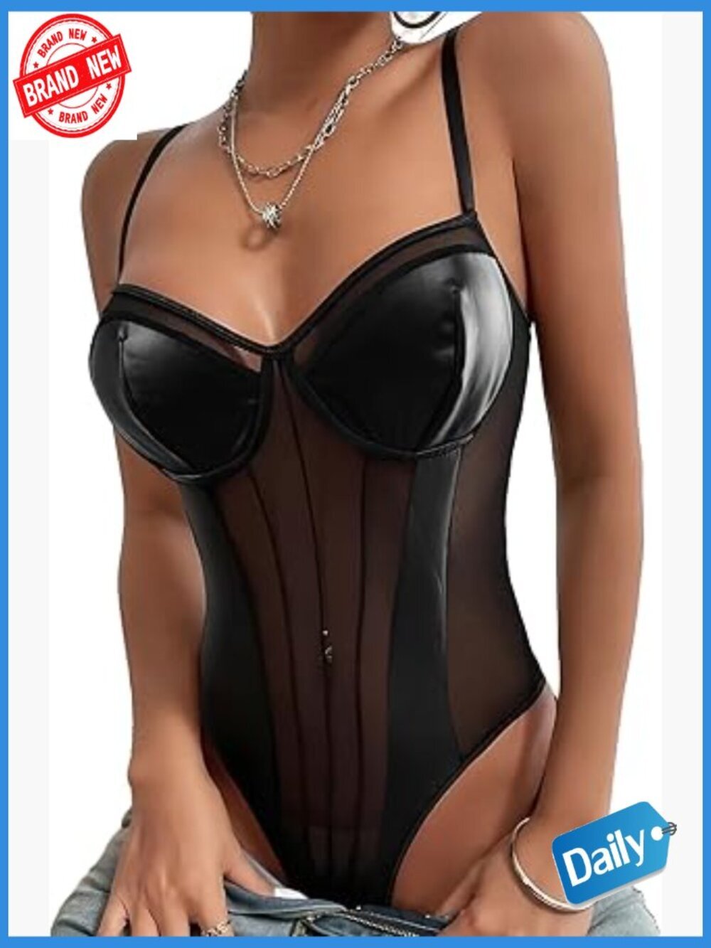 Sexy Strappy Mesh Corset Lingerie Bodysuit Top Sleeveless V Neck
